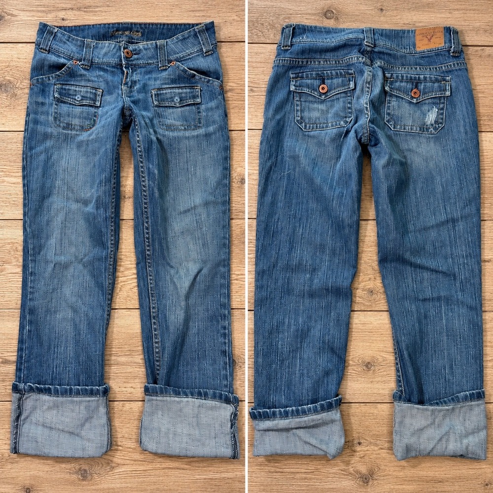 Y2K American Eagle Low Rise Straight Leg Crop Cargo Jeans 4 2000s Grunge Indie